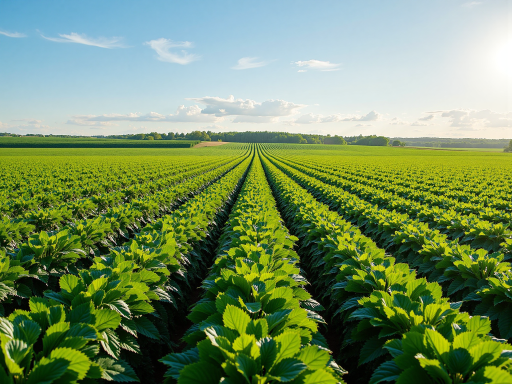 Vast agricultural field with corn and soybean crops under blue sky