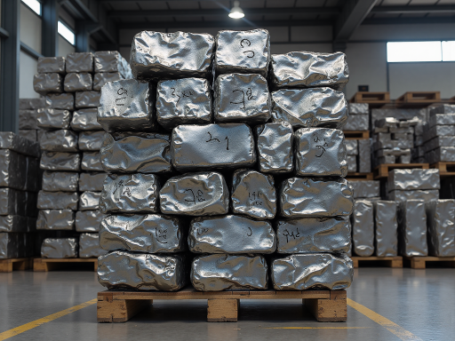Industrial warehouse storing copper cathodes and aluminum ingots